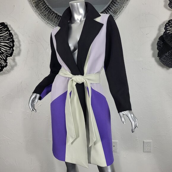 NWT~$695~TOCCIN~SZ S~STUNNING PURPLE BLACK BELTED COLORBLOCK TRENCH COAT JACKET - Picture 12 of 16